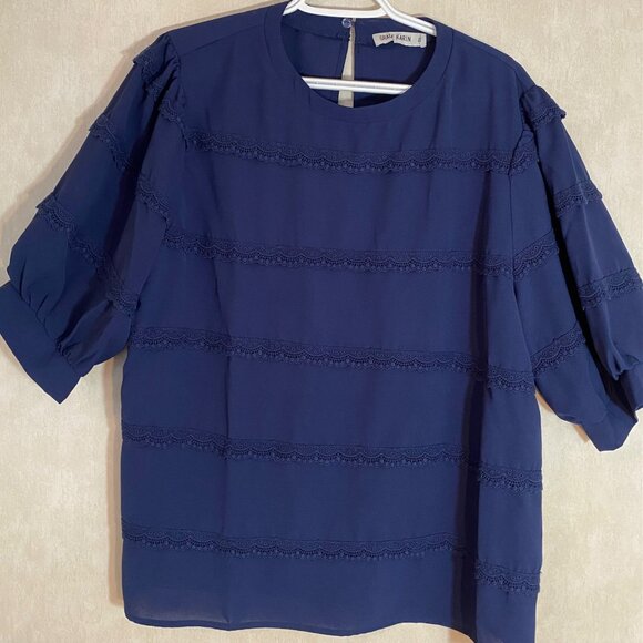 AGB Womens 2X Navy Blue Layered Ruffle Chiffon Overlay Top & Lace Stripe Blouse - Picture 1 of 12